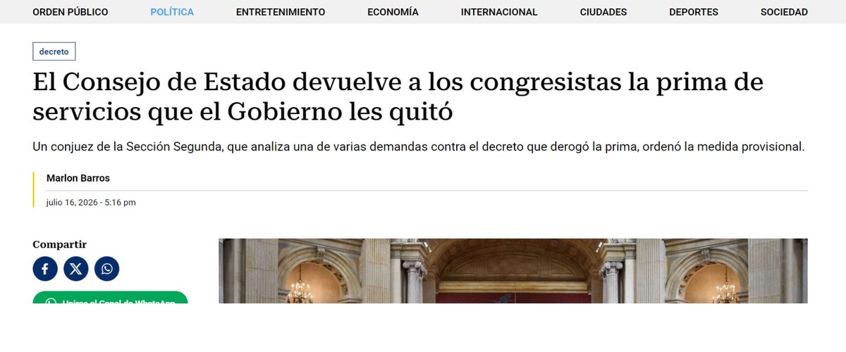 La FM — Consejo de Estado suspende el decreto que eliminaba la prima de servicios de los congresistas.