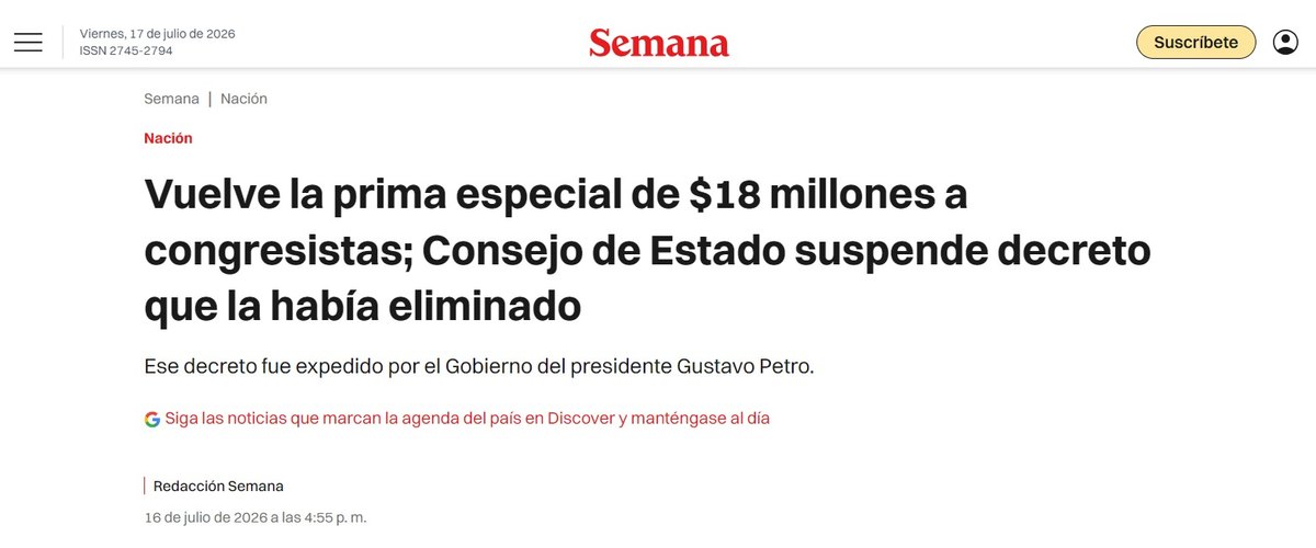 Semana — Vuelve la prima especial de 18 millones a los congresistas: el Consejo de Estado suspende el decreto que la había eliminado.